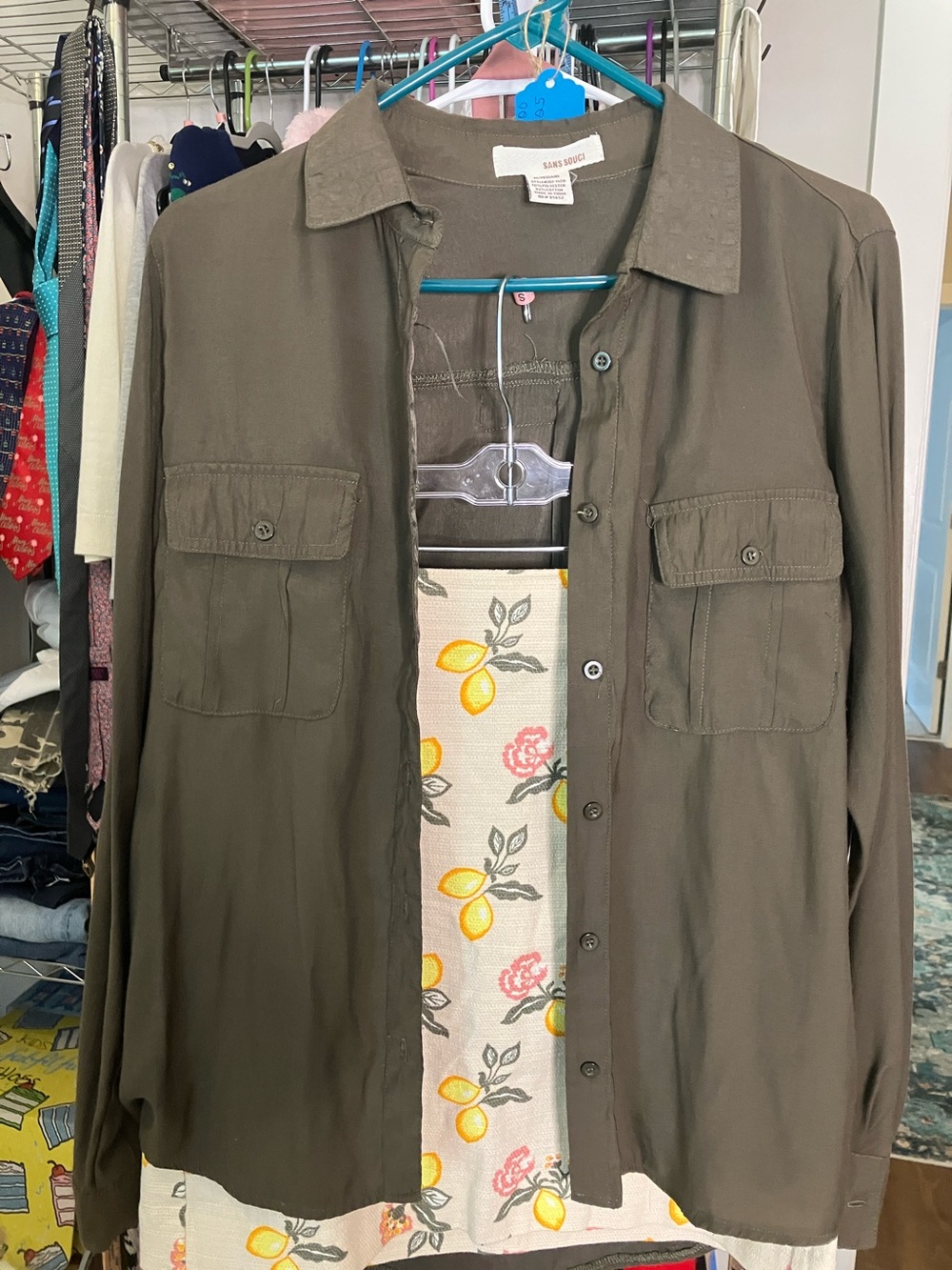 Sans Souci Olive Green Button-Front Utility Shirt